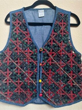VTG Cascade Blues Teacher Vest Large Denim Lattice Plaid Basketweave School 90s